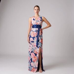 Kay Unger Calla Column Floral Marine Blue Sleeveless Long Cocktail Gown Dress  8